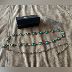 Plus size western chain coin belt metal disc brass color with turquoise color